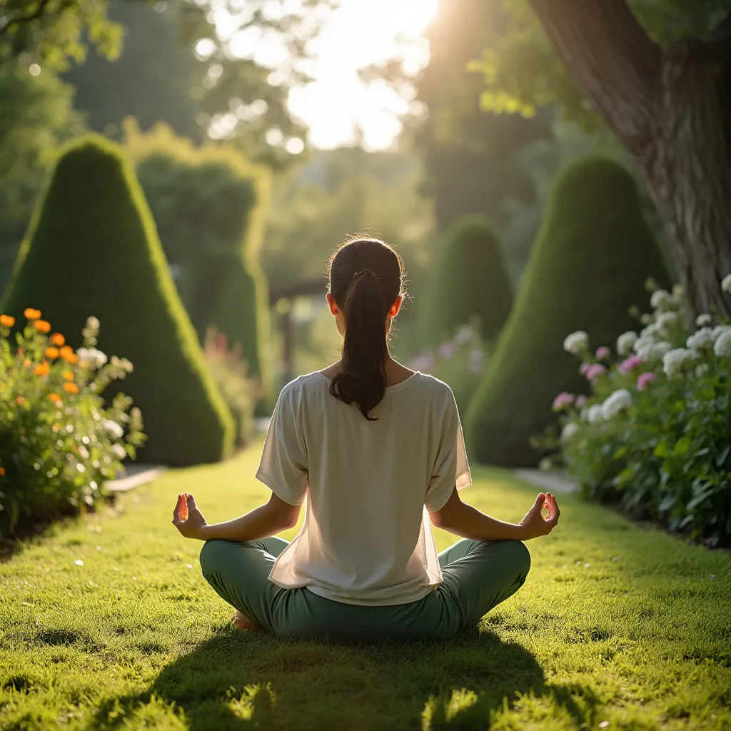Personne méditant paisiblement dans un jardin français